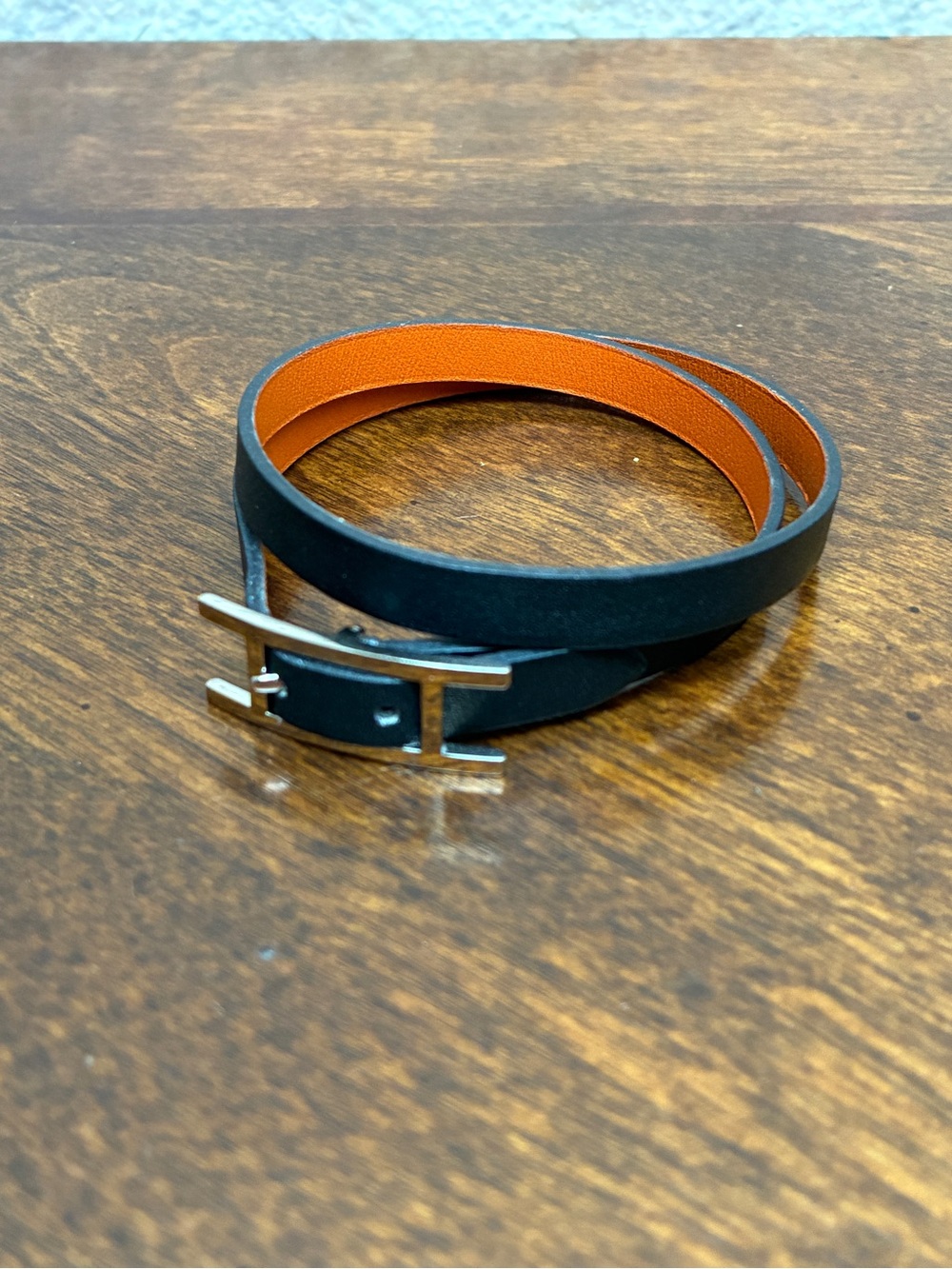 Hermes Double-Wrap Leather Bracelet with Silver Buckle - Black/Orange